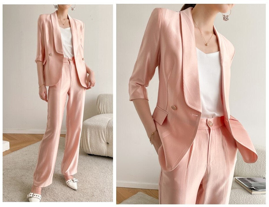 Pink pantsuit feather sleeves high waist, 2024 designer woman suit jacket + pants smart casual formal office work wedding prom birthday gift