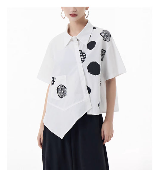 Asymmetric cut short sleeved blouse, designer woman dots pattern summer shirt