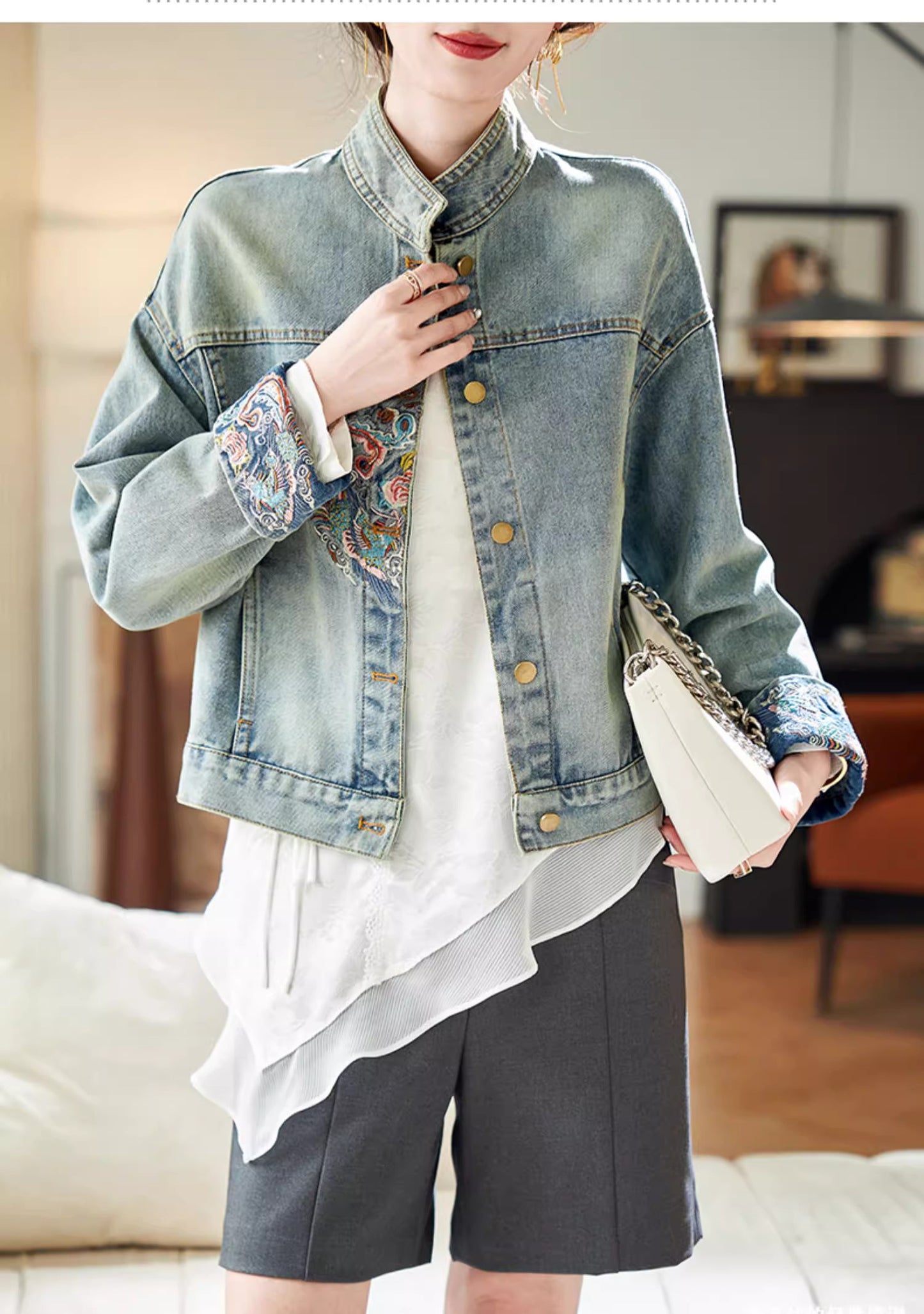 Denim Jacket Oriential styled deisgn for casual party, office or events