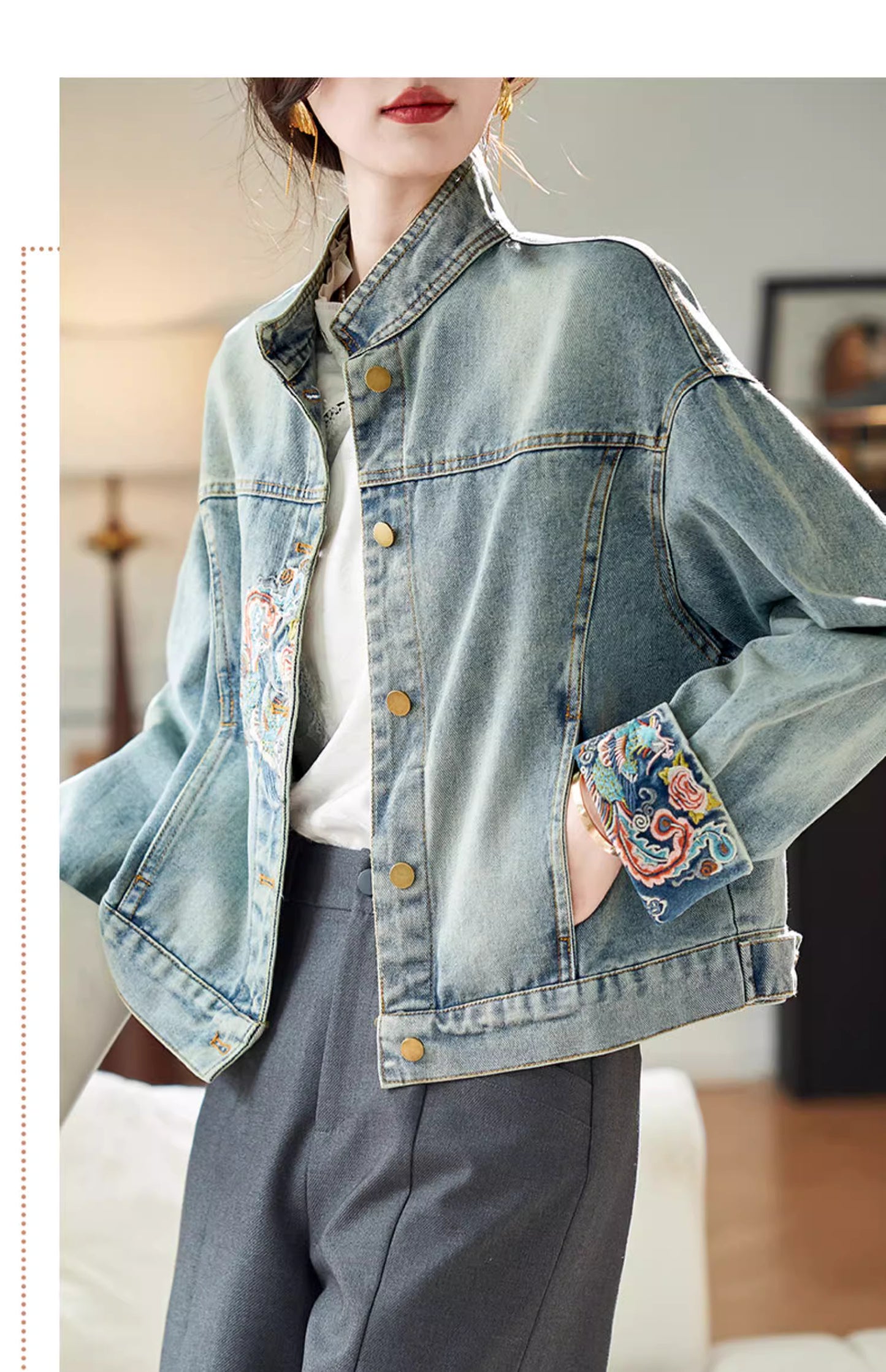 Denim Jacket Oriential styled deisgn for casual party, office or events