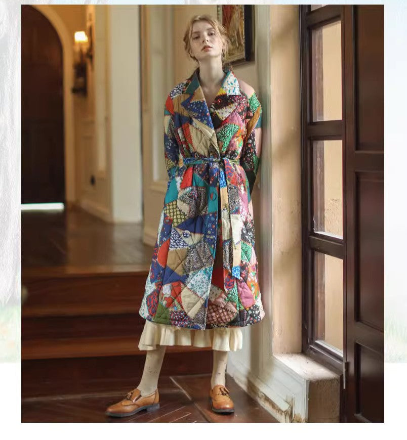 Patchwork woman long coat, designer graphics pattern trench coat