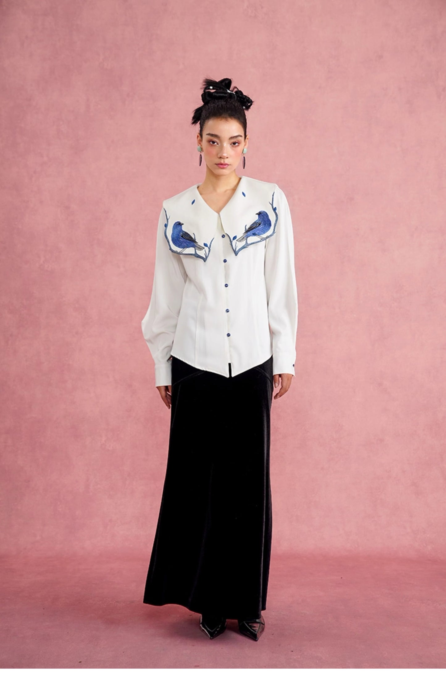 Blue woman blouse with birds embroidery sailor collar for formal or casual wear in office, party, wedding or events