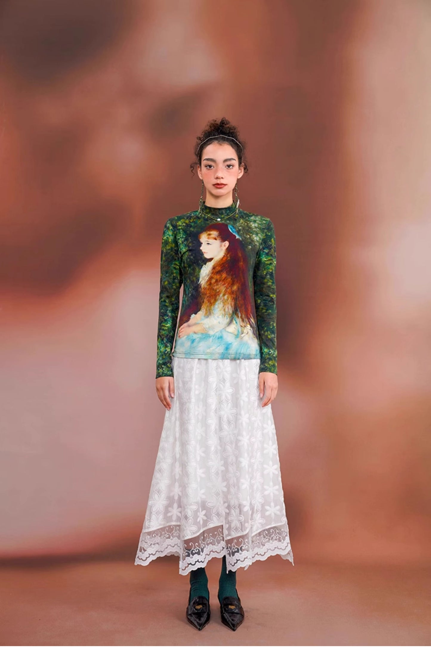 Woman base layer top long sleeve Renaissance Graphics print artistic woman top for casual or formal event party wedding