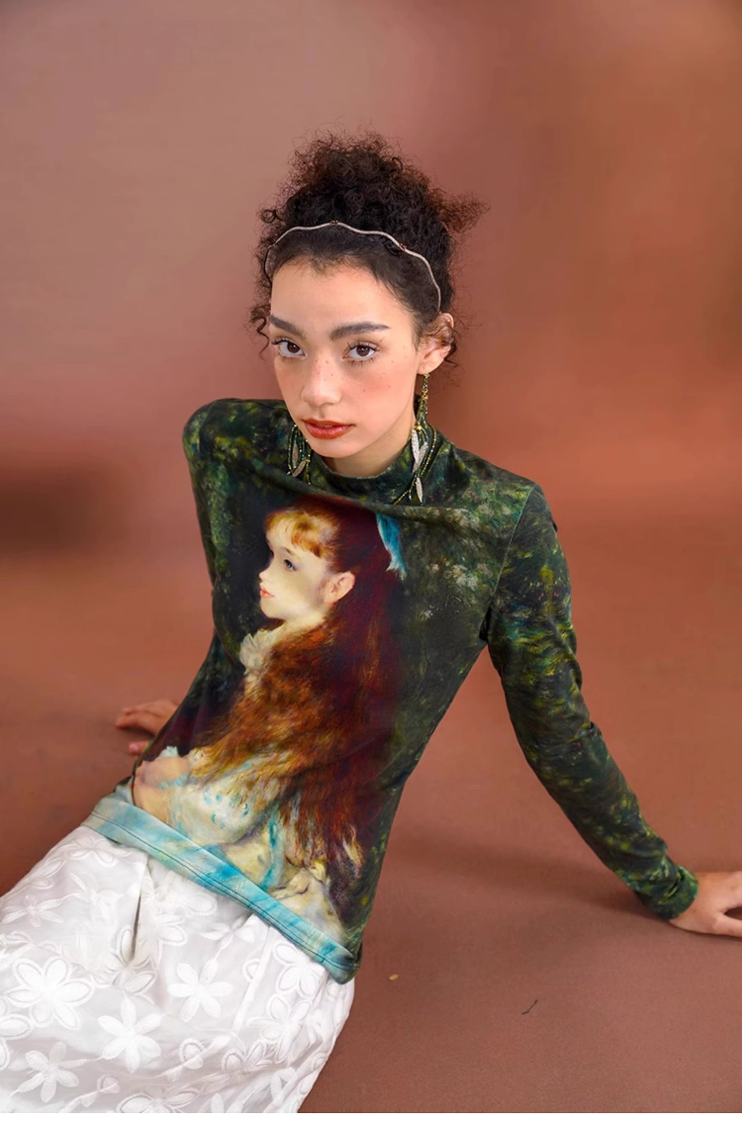 Woman base layer top long sleeve Renaissance Graphics print artistic woman top for casual or formal event party wedding