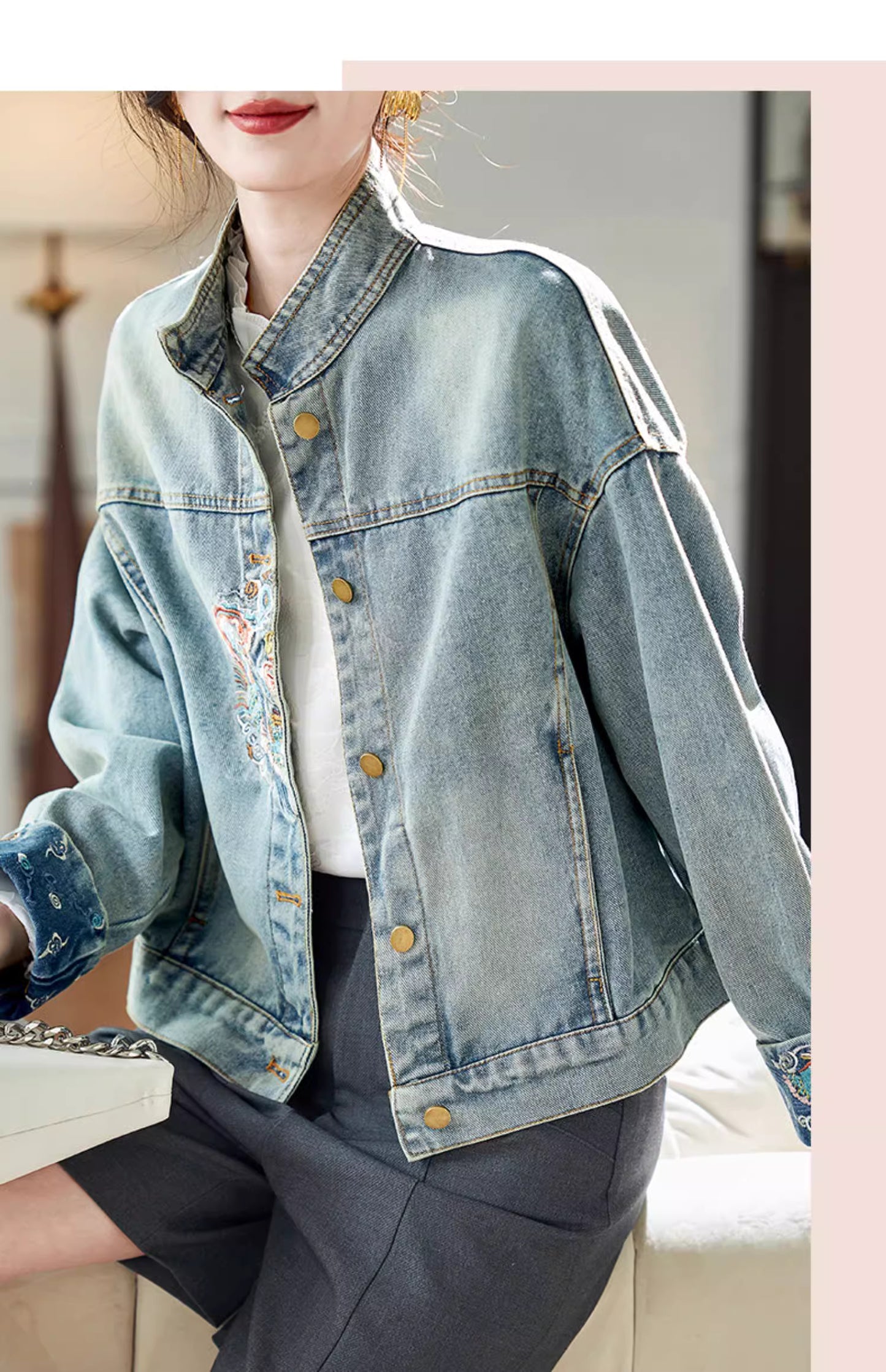 Denim Jacket Oriential styled deisgn for casual party, office or events