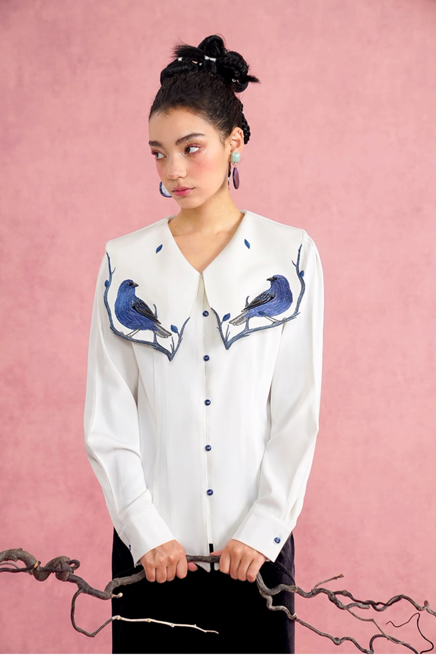 Blue woman blouse with birds embroidery sailor collar for formal or casual wear in office, party, wedding or events