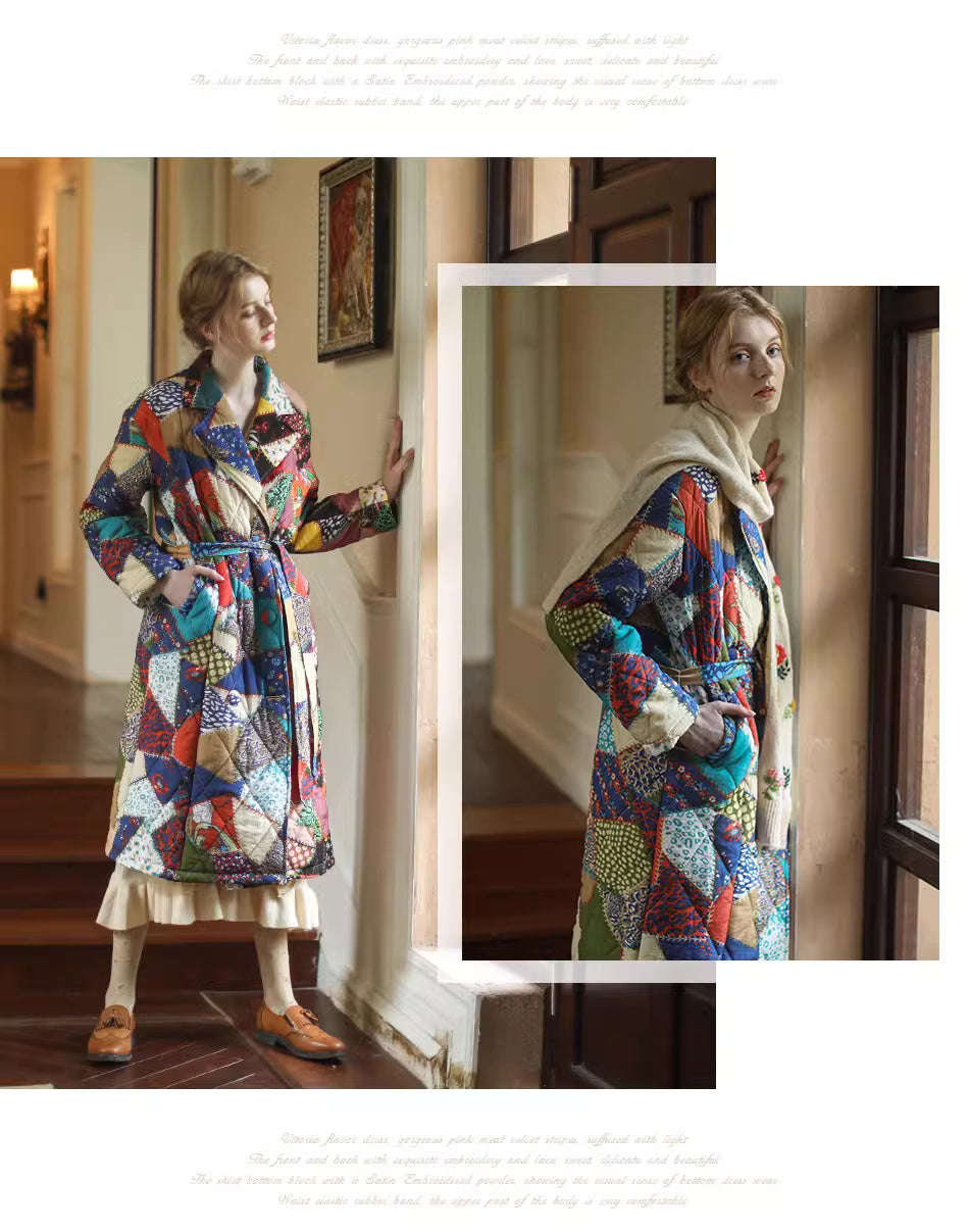 Patchwork woman long coat, designer graphics pattern trench coat