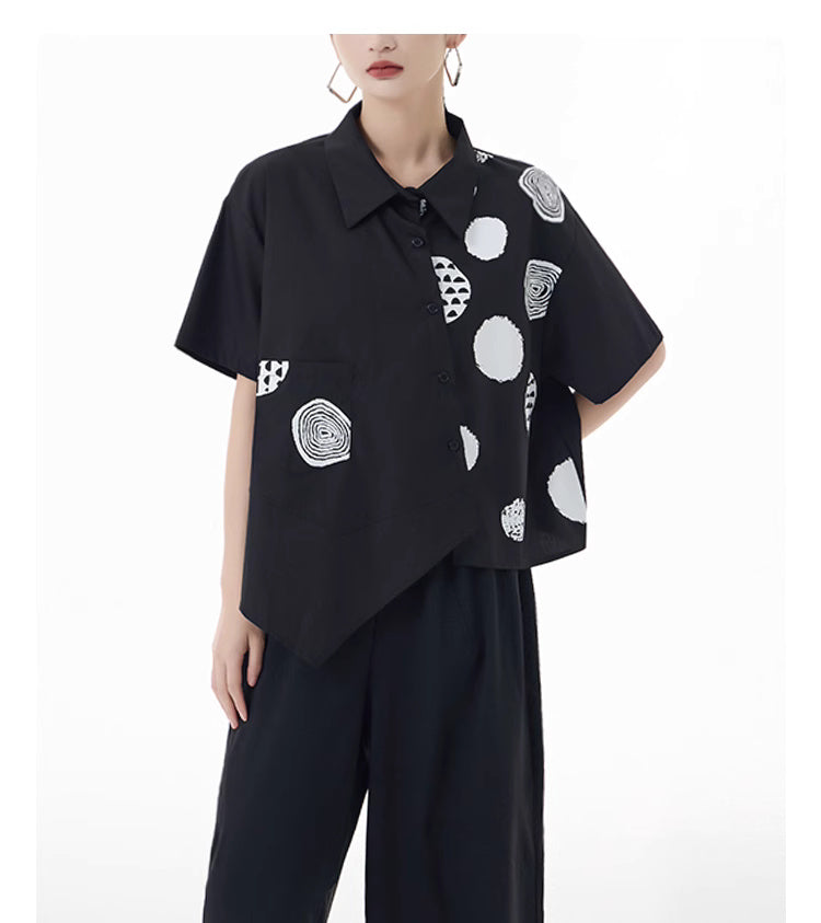 Asymmetric cut short sleeved blouse, designer woman dots pattern summer shirt