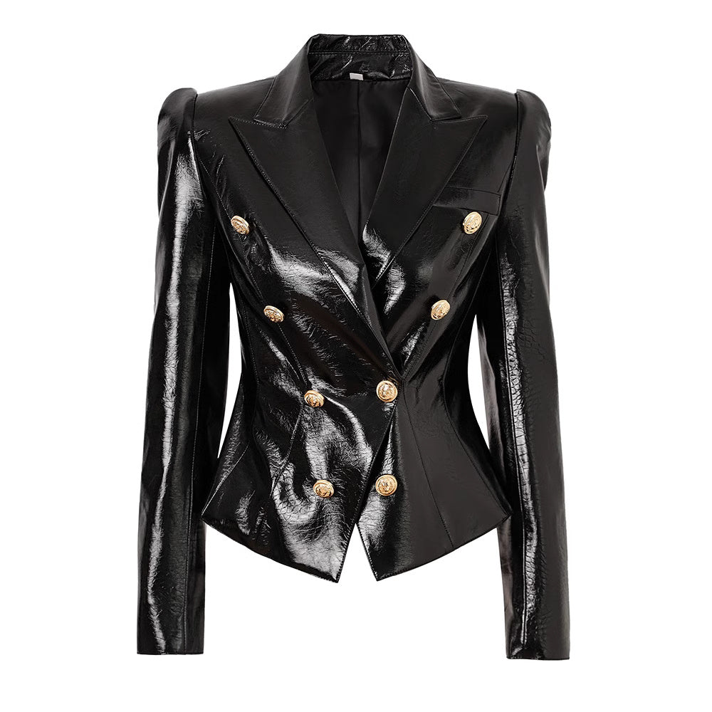 Women's Fitted PU leather Blazer Golden Buttons Coat Black Suit blazer Office Formal Suit Blazer