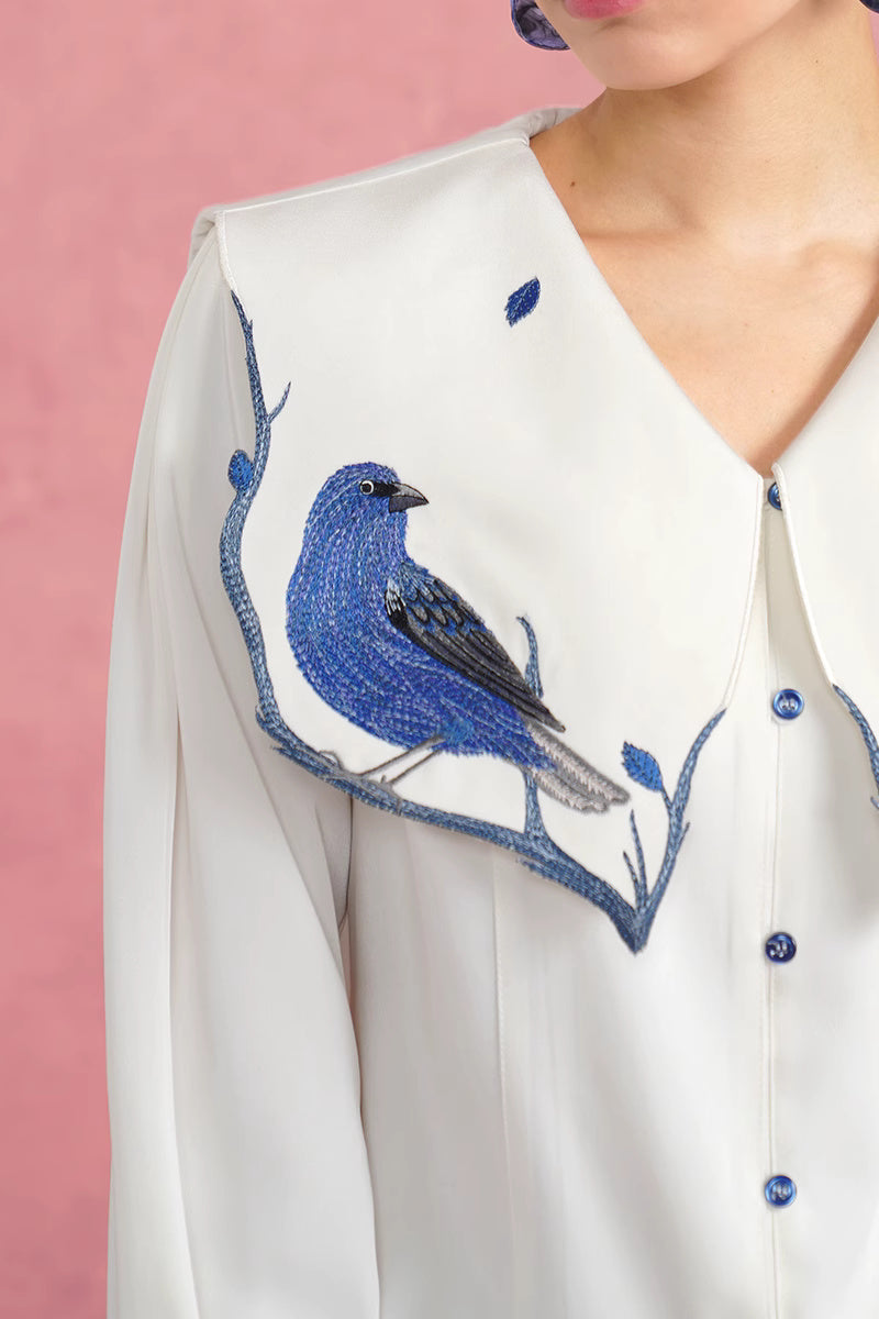 Blue woman blouse with birds embroidery sailor collar for formal or casual wear in office, party, wedding or events