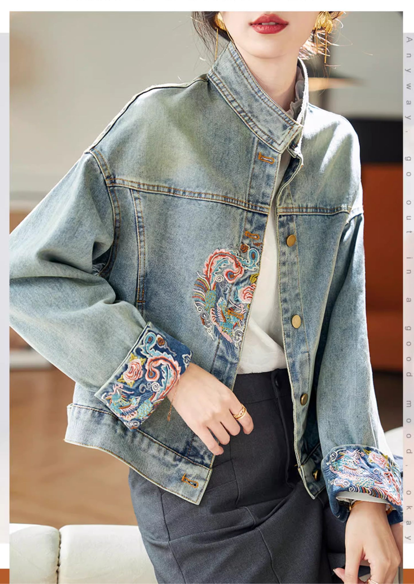 Denim Jacket Oriential styled deisgn for casual party, office or events