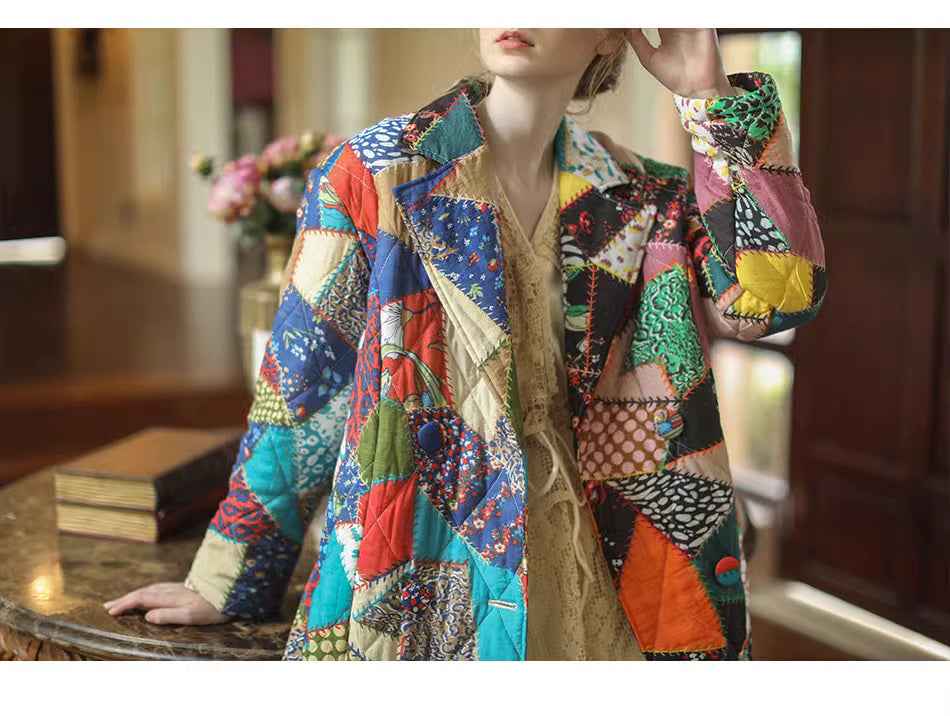 Patchwork woman long coat, designer graphics pattern trench coat