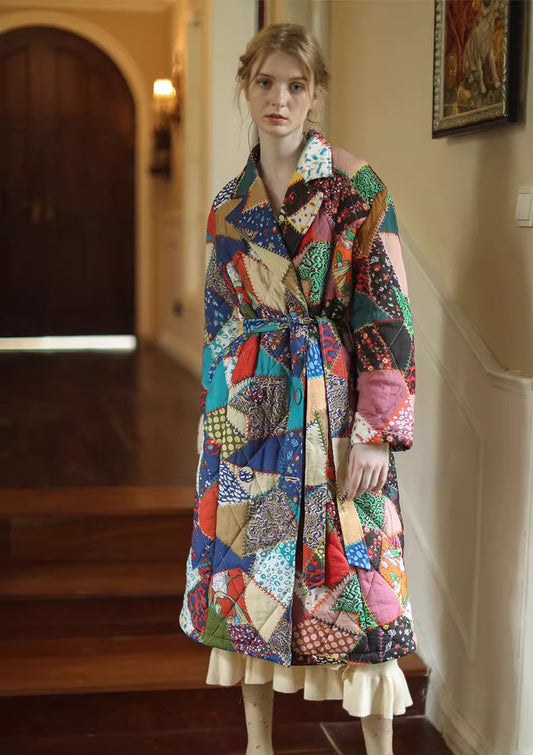 Patchwork woman long coat, designer graphics pattern trench coat