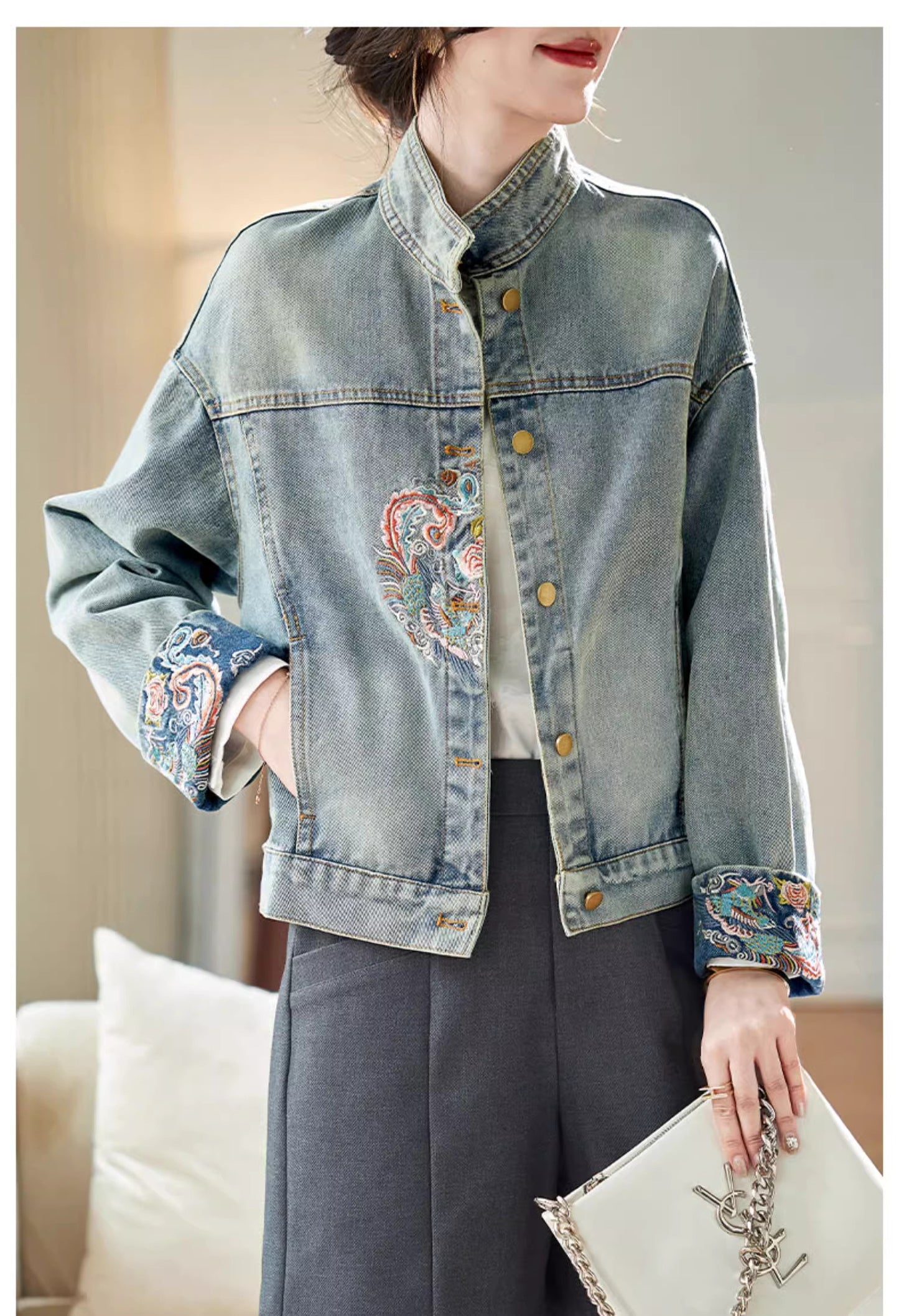 Denim Jacket Oriential styled deisgn for casual party, office or events