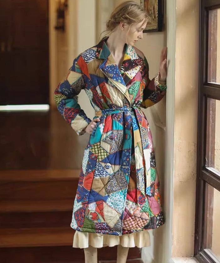 Patchwork woman long coat, designer graphics pattern trench coat