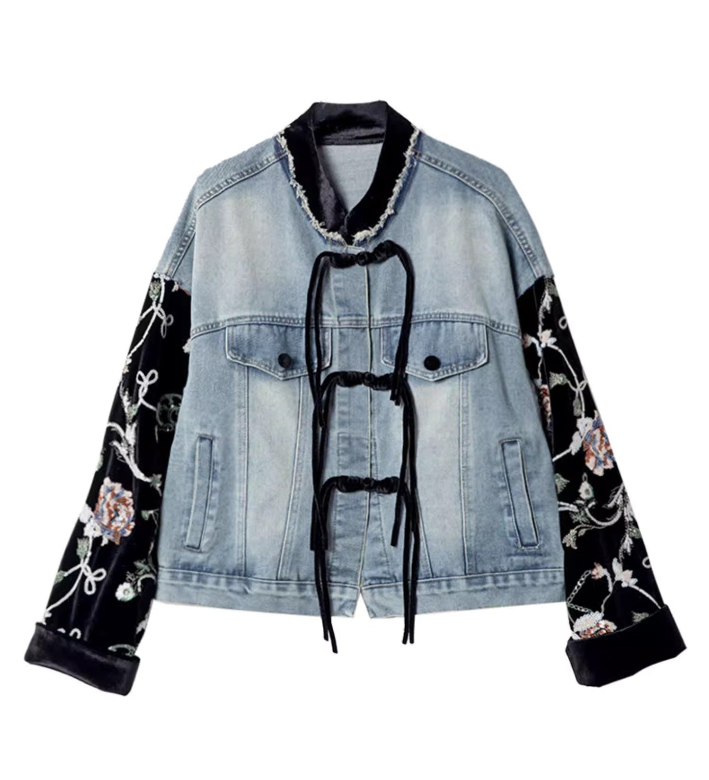 Denim jacket patchwork styled oridential designed loose fit jacket