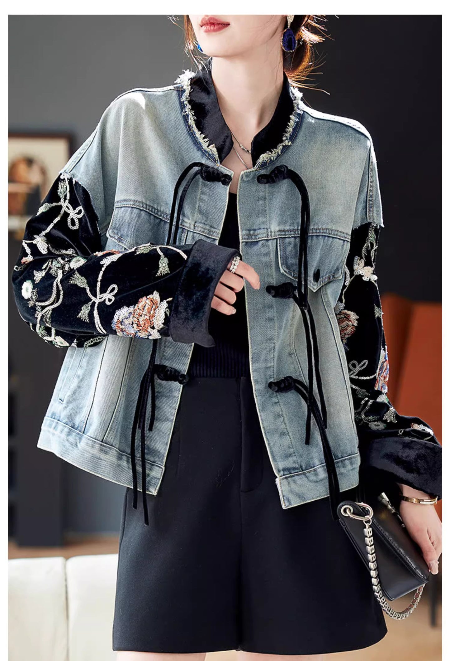 Denim jacket patchwork styled oridential designed loose fit jacket