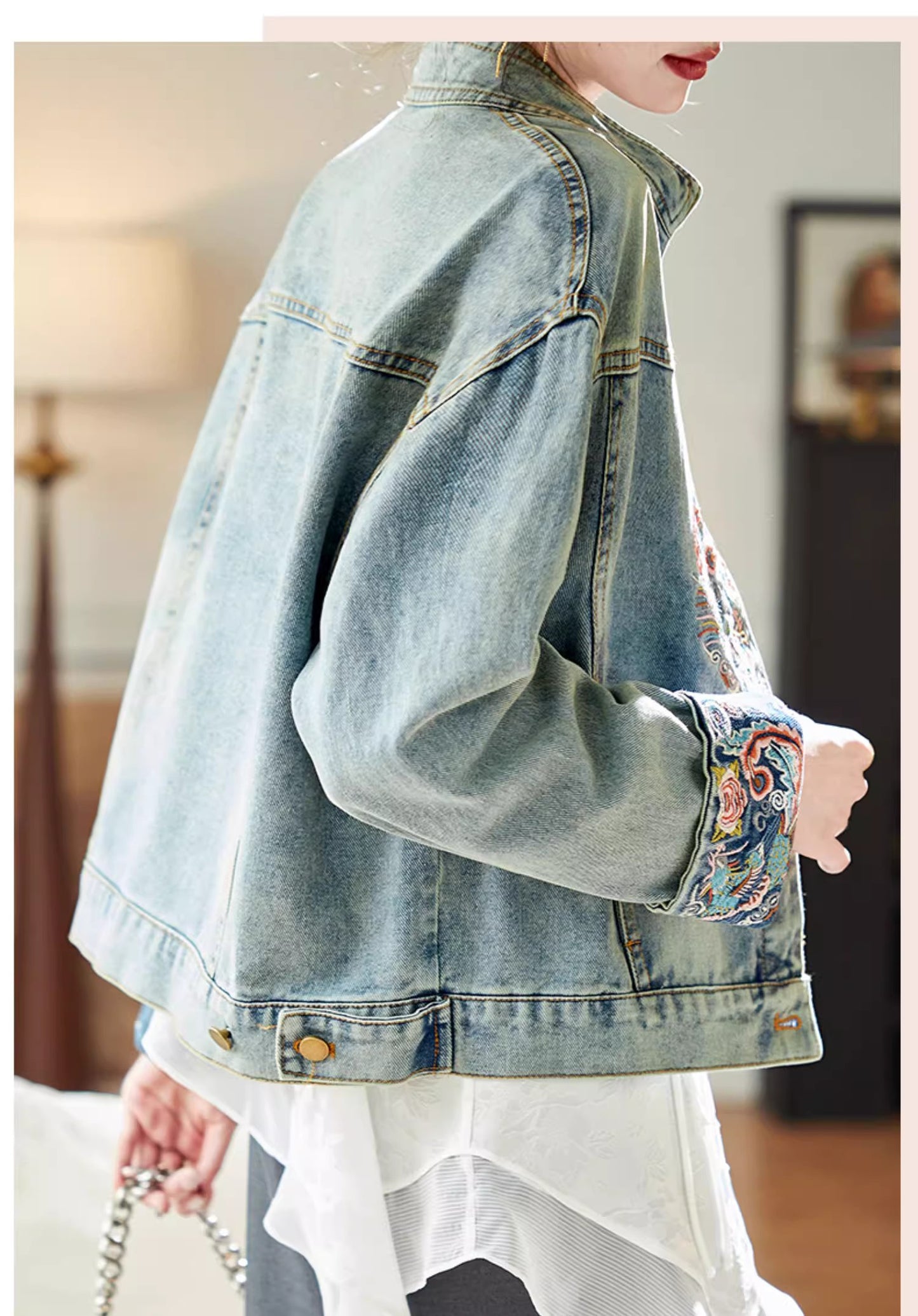 Denim Jacket Oriential styled deisgn for casual party, office or events