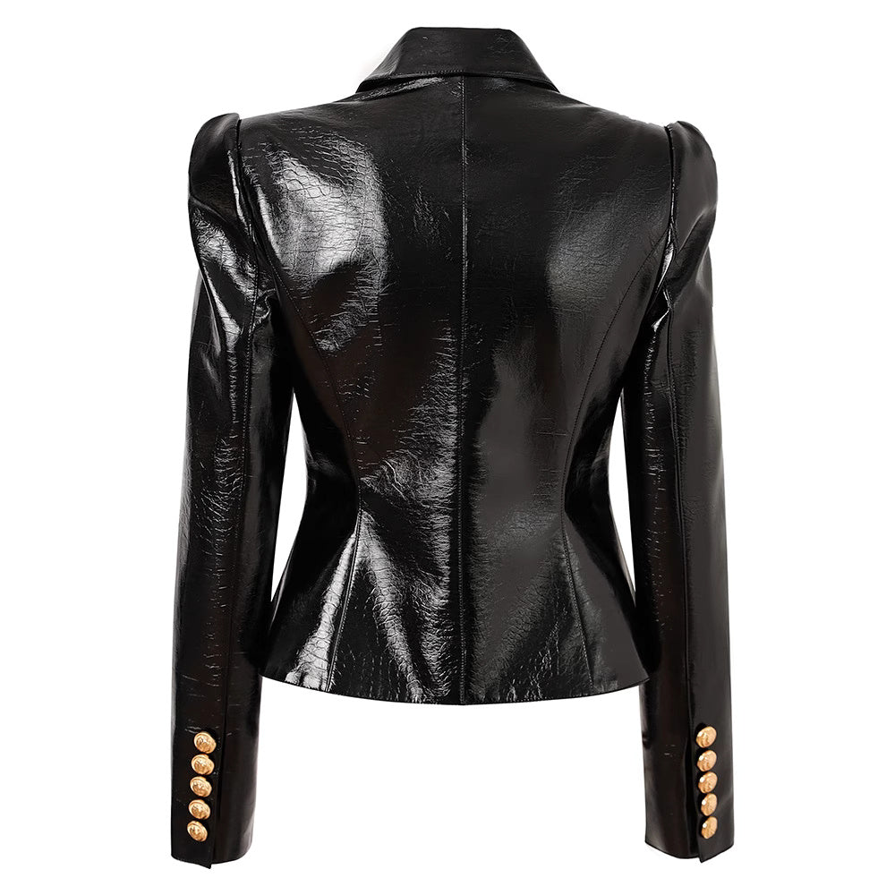 Women's Fitted PU leather Blazer Golden Buttons Coat Black Suit blazer Office Formal Suit Blazer