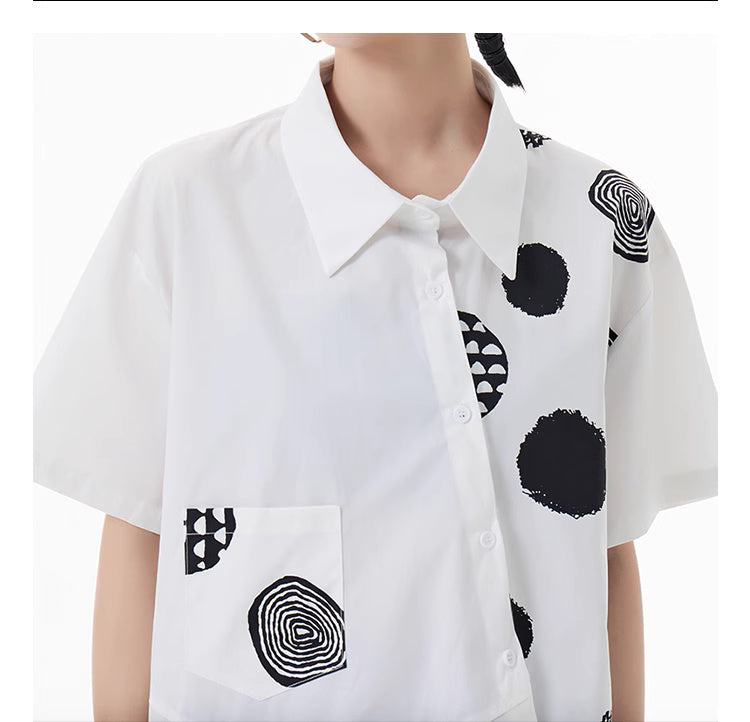 Asymmetric cut short sleeved blouse, designer woman dots pattern summer shirt