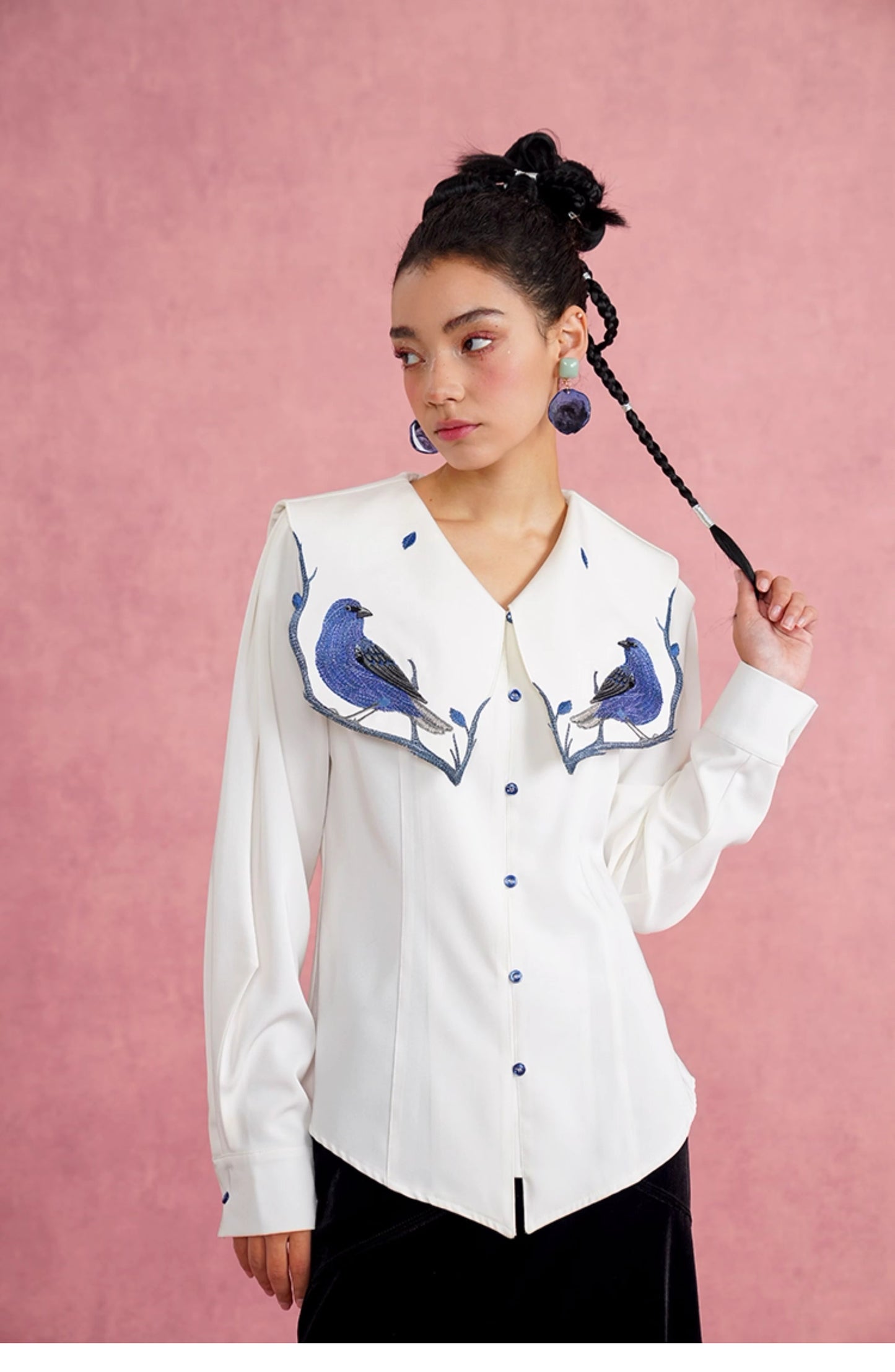 Blue woman blouse with birds embroidery sailor collar for formal or casual wear in office, party, wedding or events