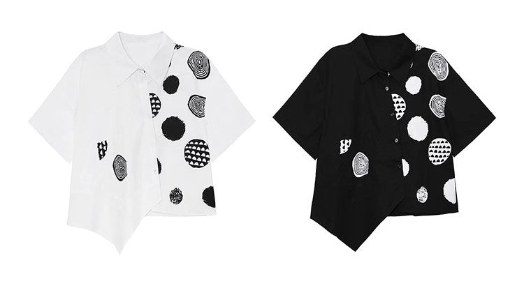 Asymmetric cut short sleeved blouse, designer woman dots pattern summer shirt