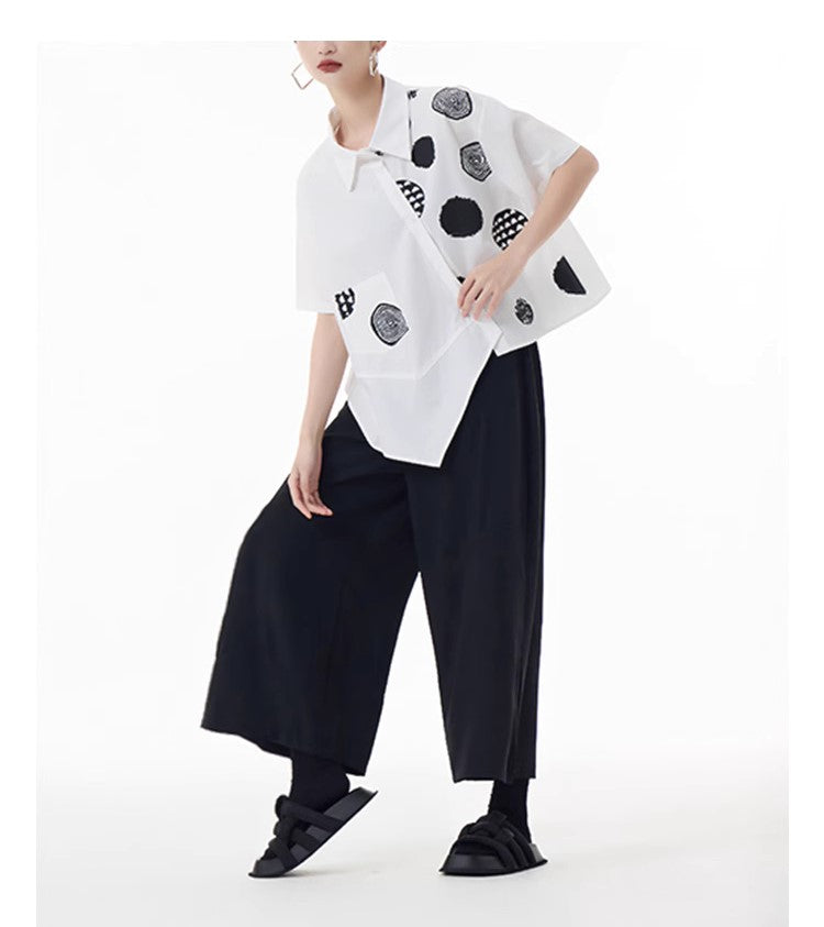 Asymmetric cut short sleeved blouse, designer woman dots pattern summer shirt