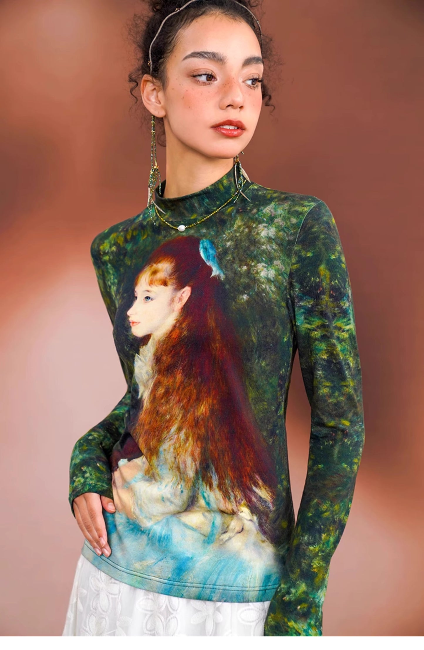 Woman base layer top long sleeve Renaissance Graphics print artistic woman top for casual or formal event party wedding