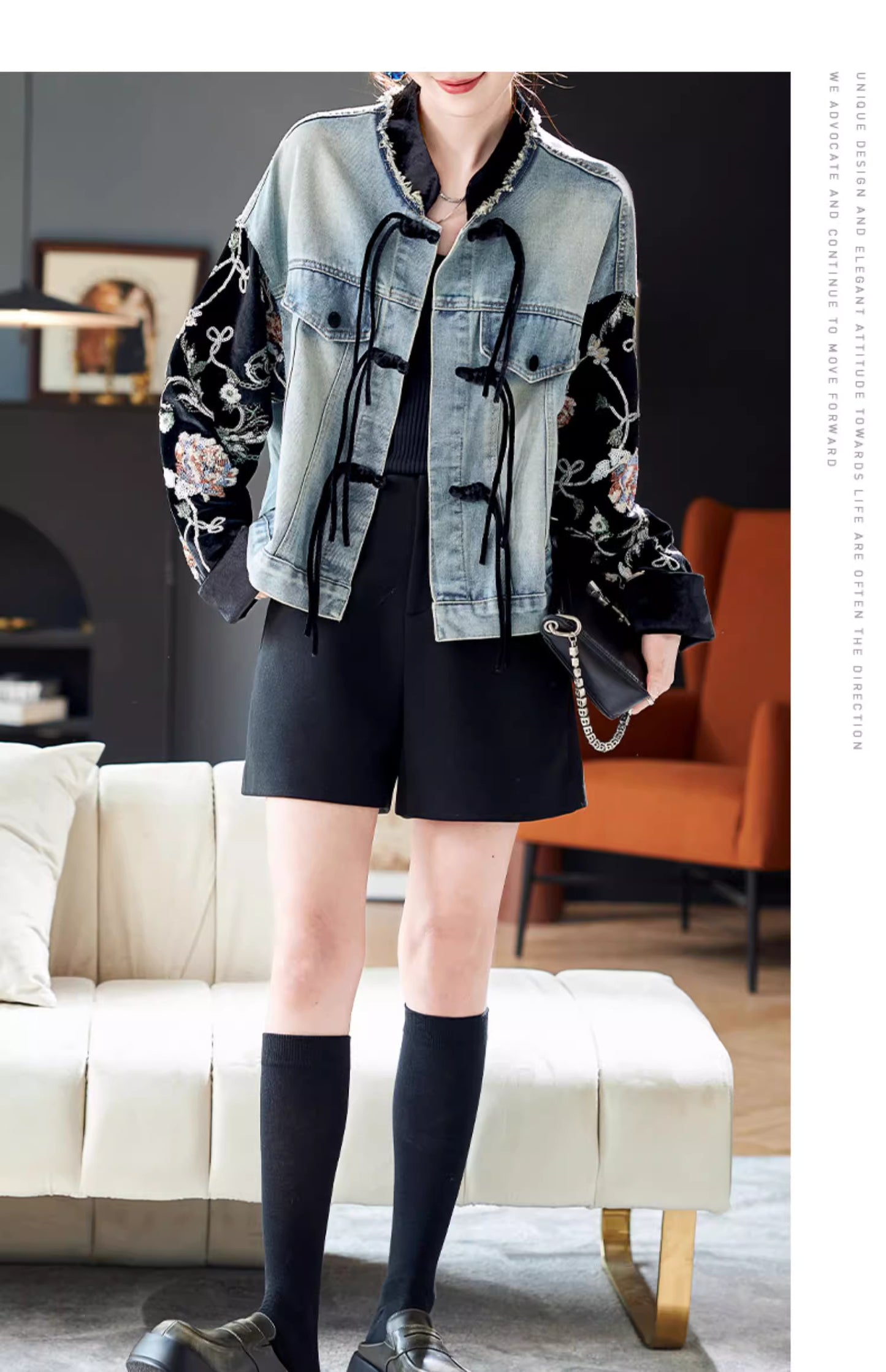 Denim jacket patchwork styled oridential designed loose fit jacket