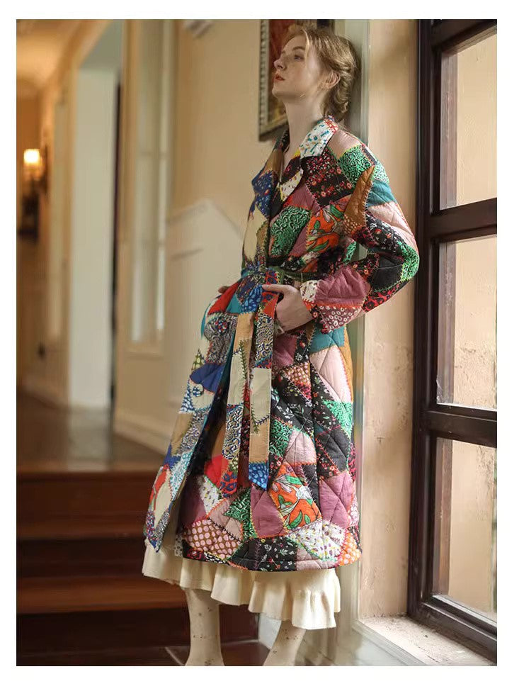 Patchwork woman long coat, designer graphics pattern trench coat