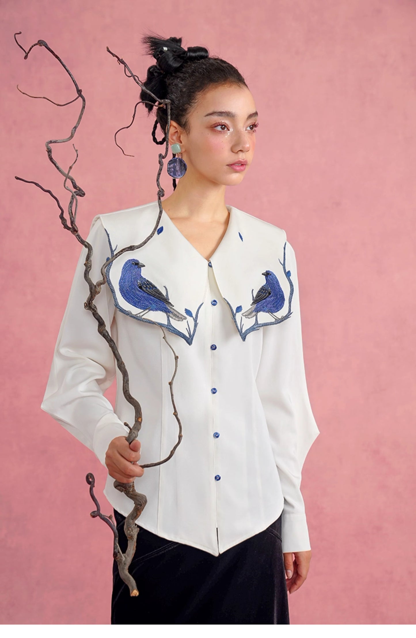 Blue woman blouse with birds embroidery sailor collar for formal or casual wear in office, party, wedding or events