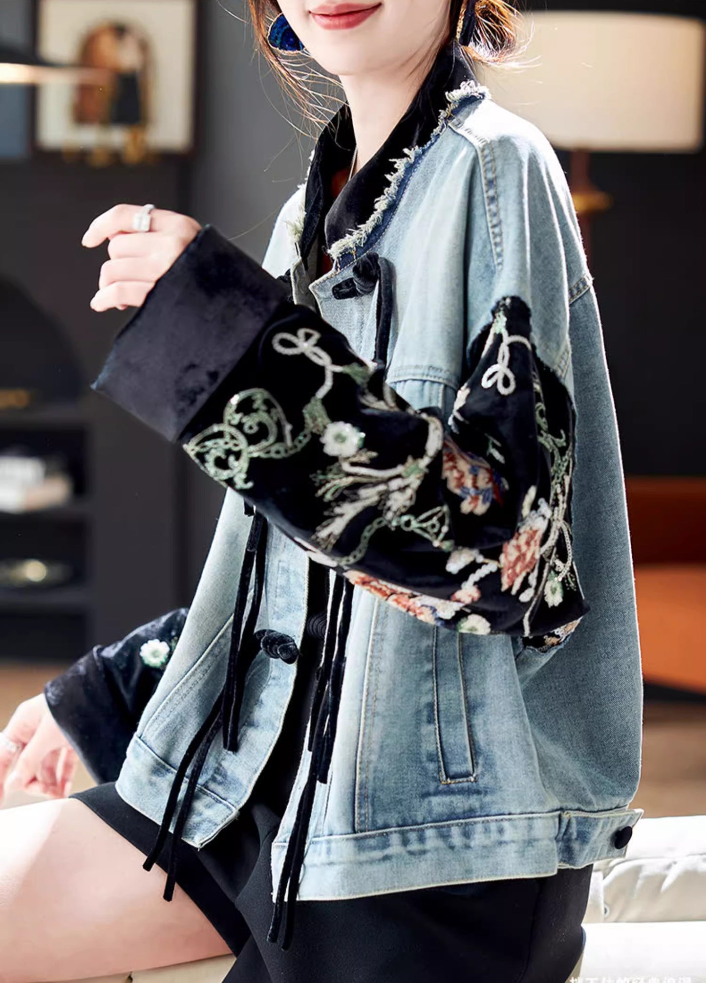 Denim jacket patchwork styled oridential designed loose fit jacket