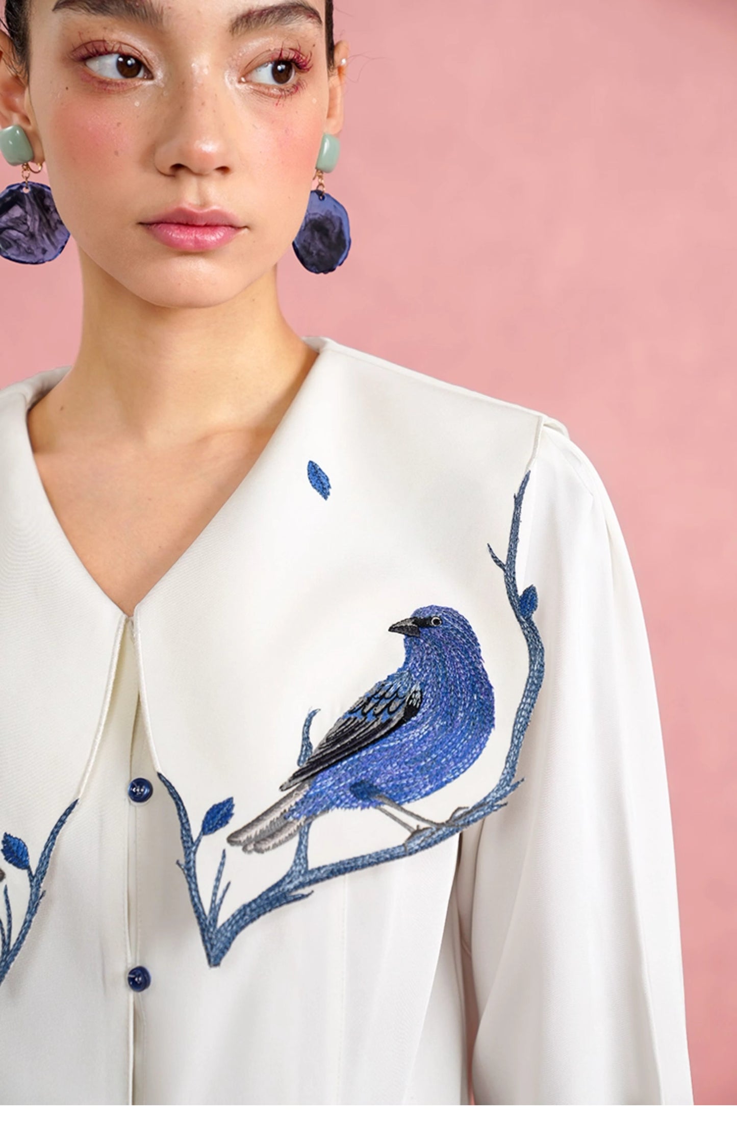 Blue woman blouse with birds embroidery sailor collar for formal or casual wear in office, party, wedding or events