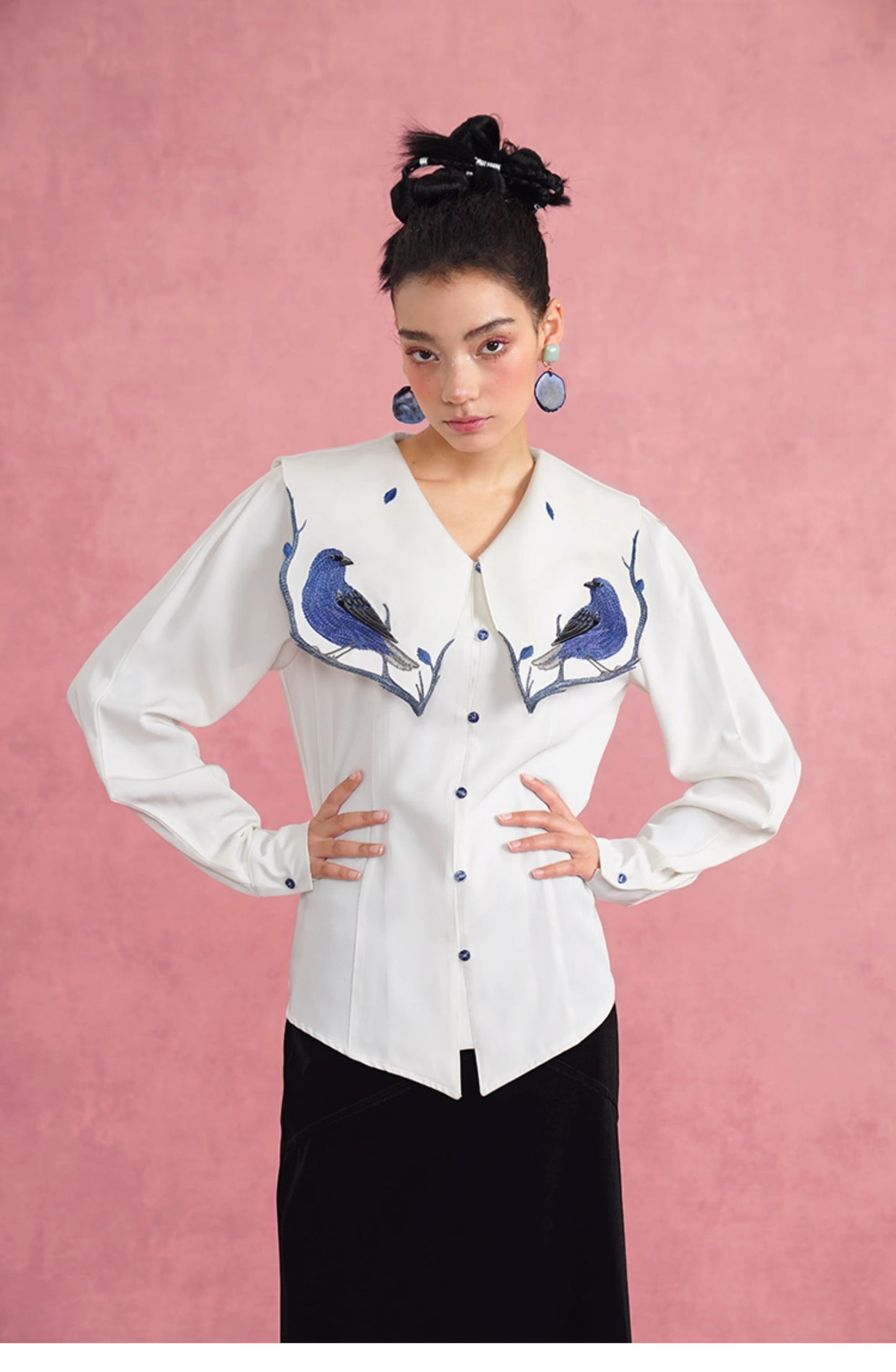 Blue woman blouse with birds embroidery sailor collar for formal or casual wear in office, party, wedding or events