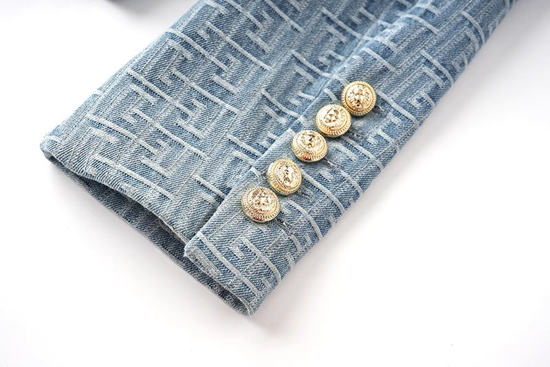 Women's Denim Blazer Golden Buttons Fitted Jacket Blue Abstract Pattern Blazer, Smart Casual Blazer, Birthday Party, Wedding Ceremony