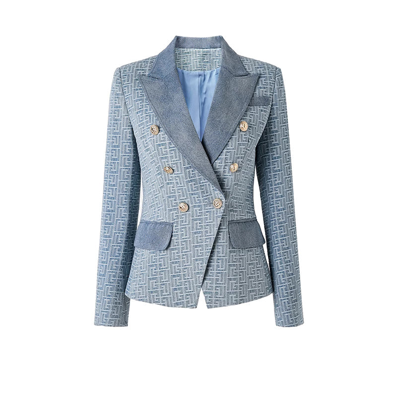 Women's Denim Blazer Golden Buttons Fitted Jacket Blue Abstract Pattern Blazer, Smart Casual Blazer, Birthday Party, Wedding Ceremony