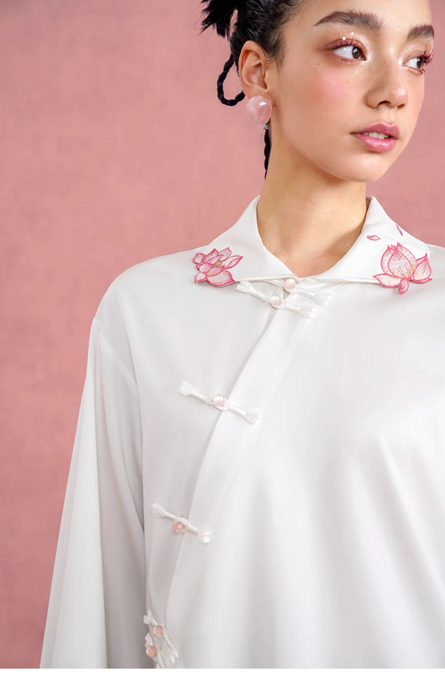 White woman blouse Lotus embroidery collared shirt asymmetric button styles for smart casual or formal event, party, wedding or work