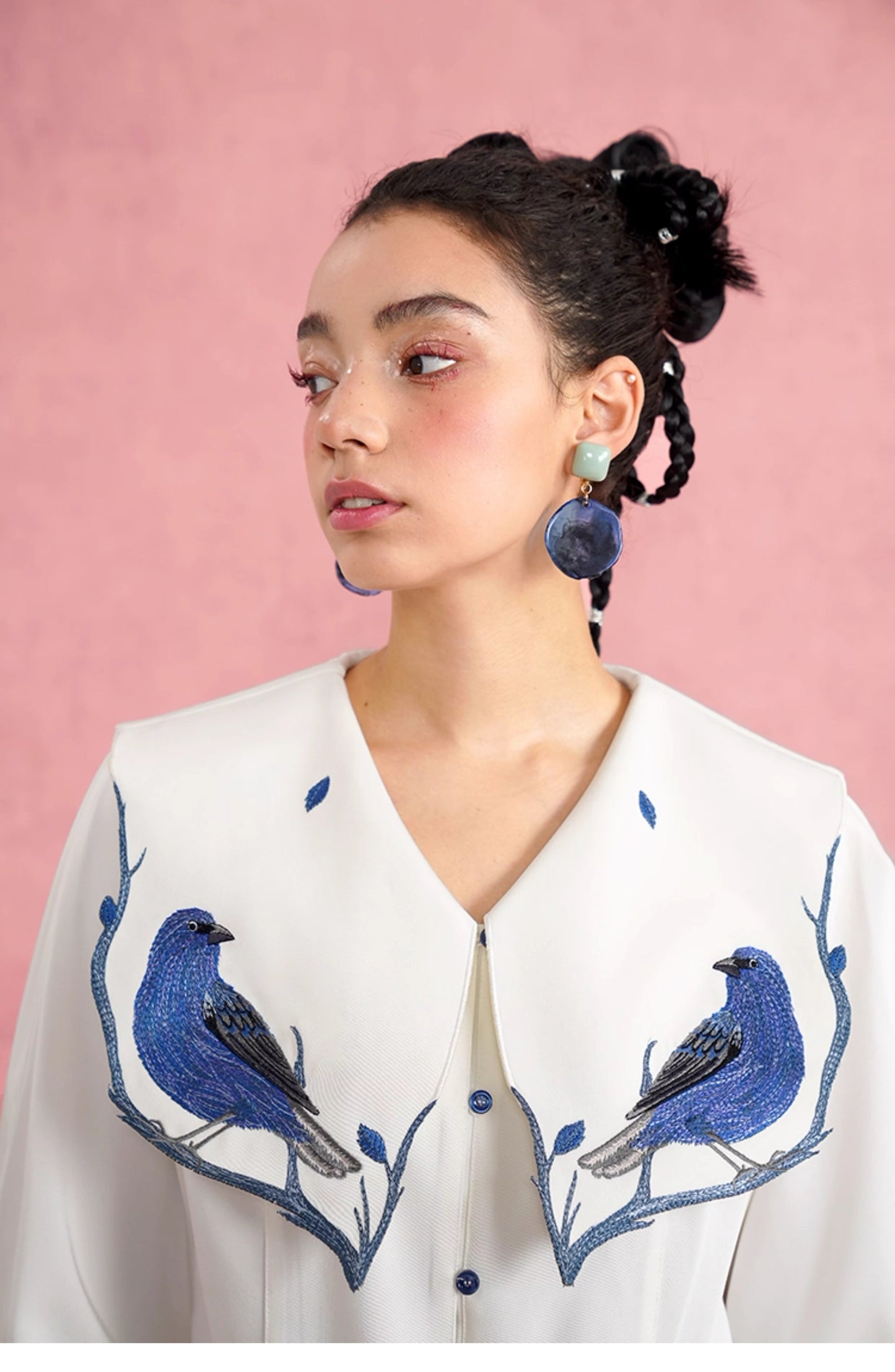 Blue woman blouse with birds embroidery sailor collar for formal or casual wear in office, party, wedding or events