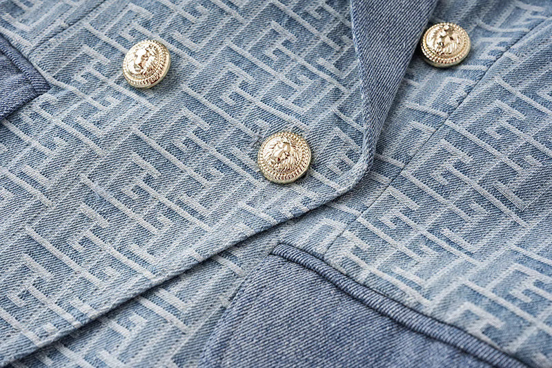 Women's Denim Blazer Golden Buttons Fitted Jacket Blue Abstract Pattern Blazer, Smart Casual Blazer, Birthday Party, Wedding Ceremony