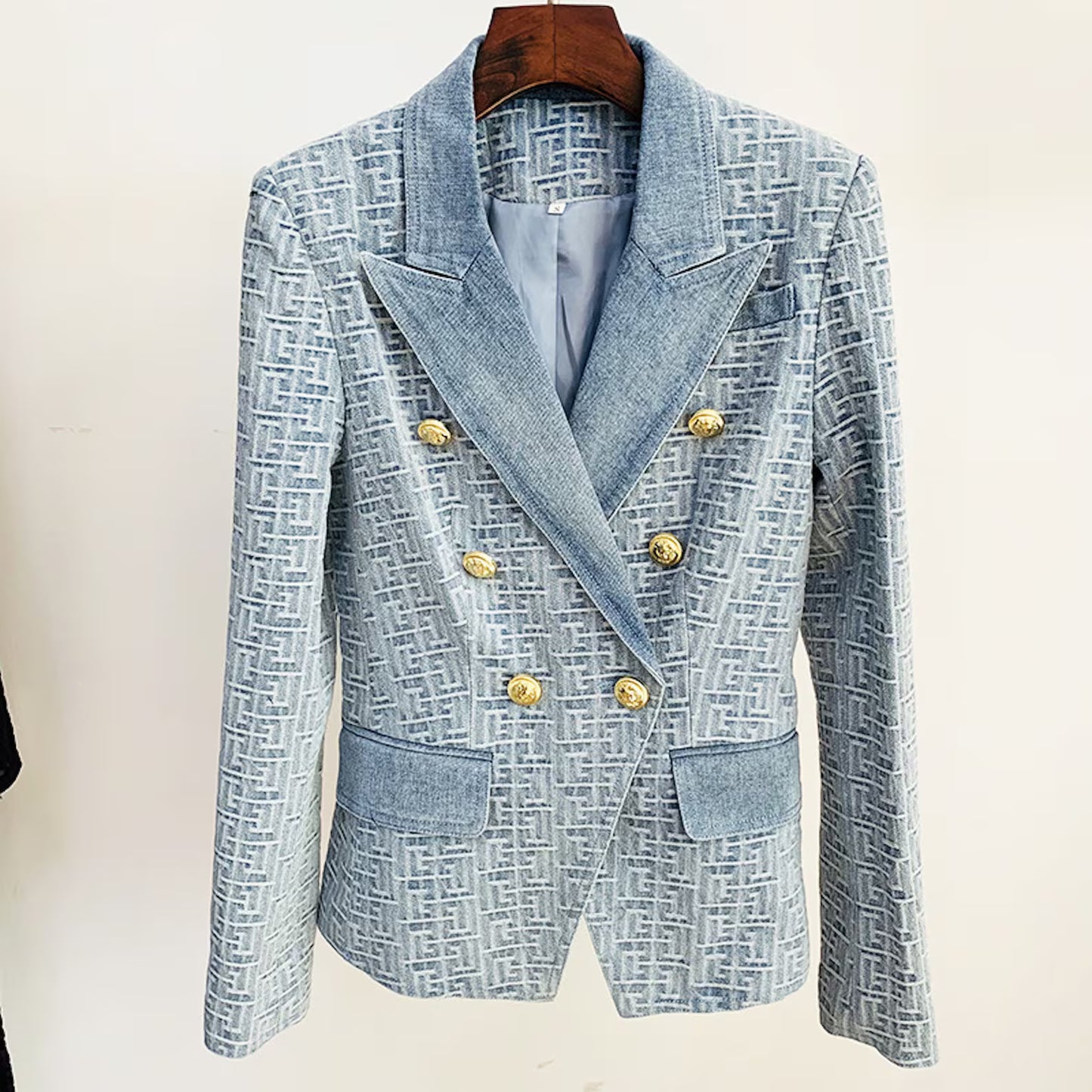 Women's Denim Blazer Golden Buttons Fitted Jacket Blue Abstract Pattern Blazer, Smart Casual Blazer, Birthday Party, Wedding Ceremony