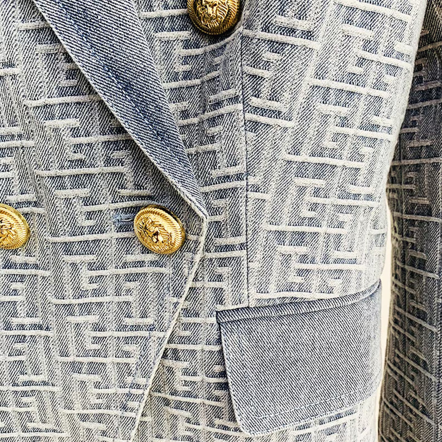 Women's Denim Blazer Golden Buttons Fitted Jacket Blue Abstract Pattern Blazer, Smart Casual Blazer, Birthday Party, Wedding Ceremony