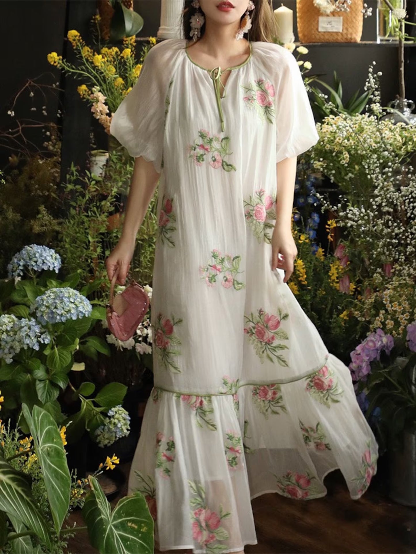 New York Styled Lantern Sleeve, Embroidery Floral Maxi Dress. Loose Style.