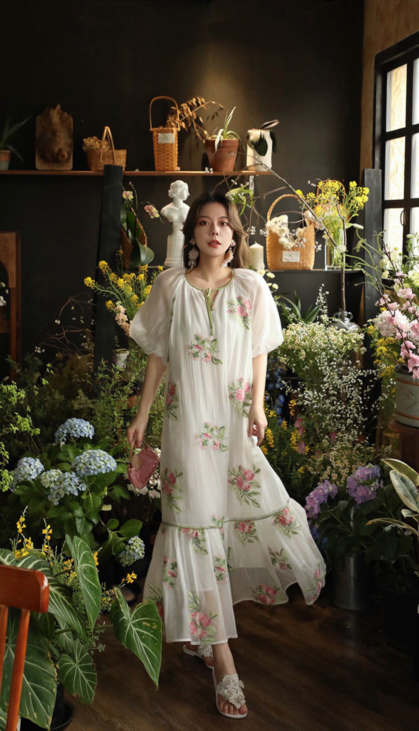 New York Styled Lantern Sleeve, Embroidery Floral Maxi Dress. Loose Style.