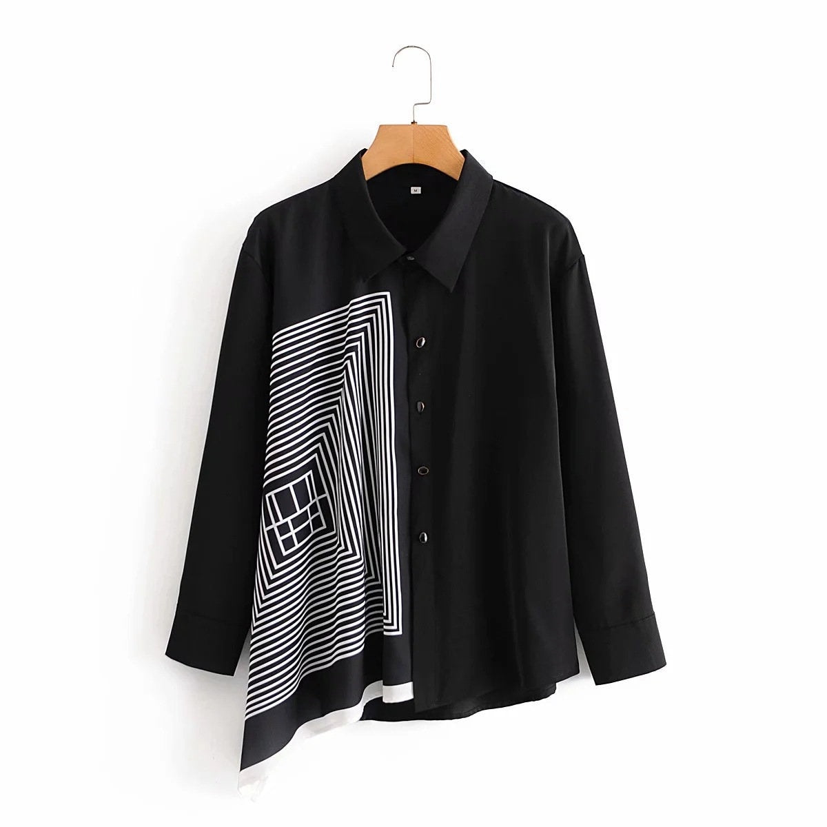 Geometric squares pattern blouse, women shirt not symmetrical