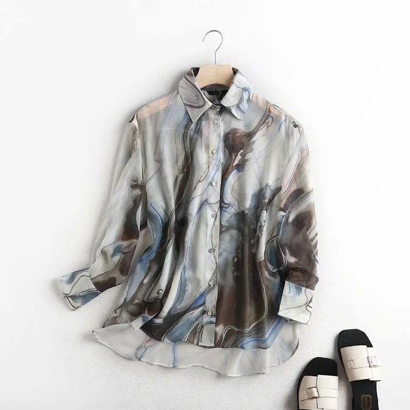 Watermarbling pattern blouse + dress, women shirt in graphics pattern casual wear