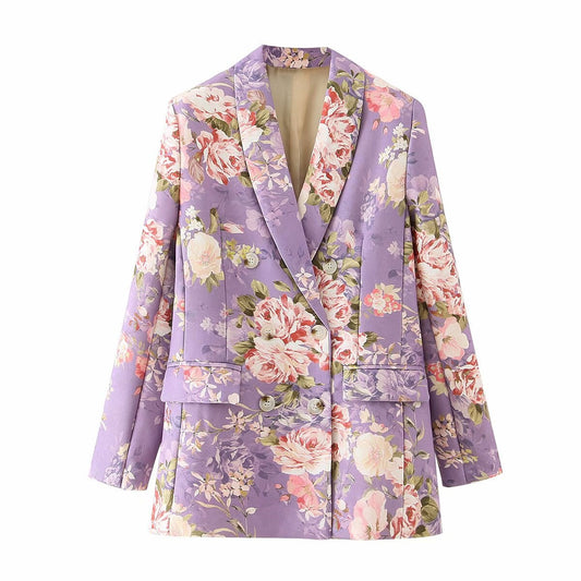 Floral art pattern blazer, colorful purple print jacket, long sleeves suit