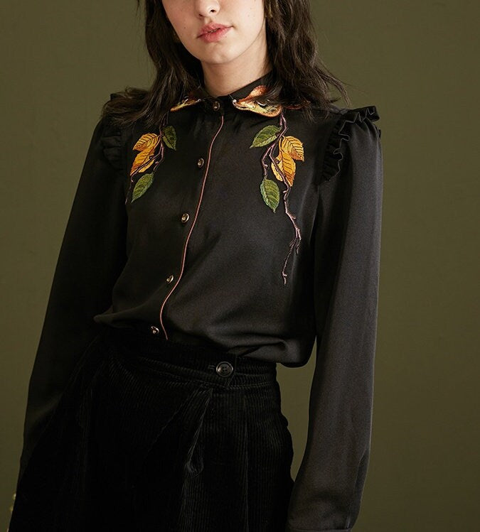 Designer art blouse, shirt dress in fawn embroidery illustrated graphics, long sleeves black shirt, for casual or formal