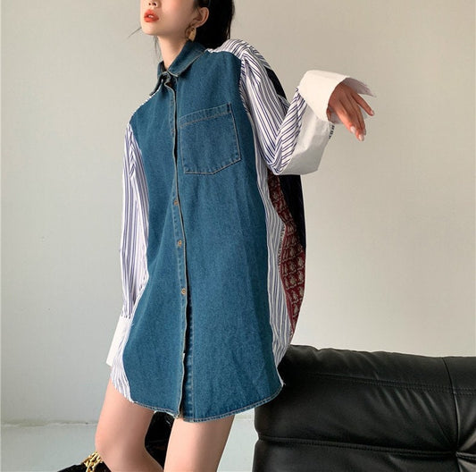 Designer art blouse, patchwork style denim shirt, for casual or formal