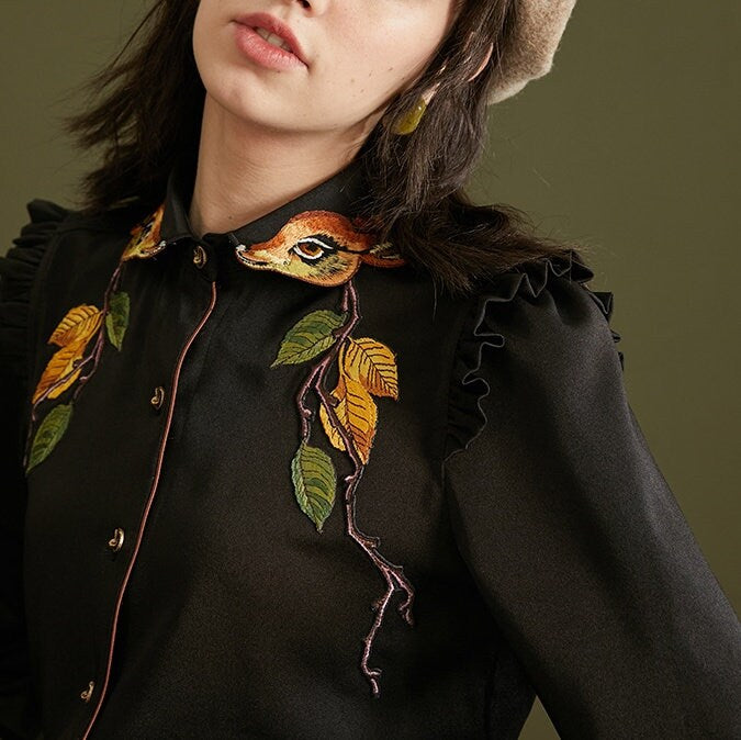 Designer art blouse, shirt dress in fawn embroidery illustrated graphics, long sleeves black shirt, for casual or formal