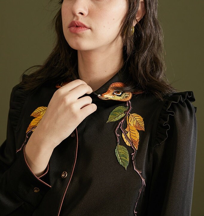 Designer art blouse, shirt dress in fawn embroidery illustrated graphics, long sleeves black shirt, for casual or formal